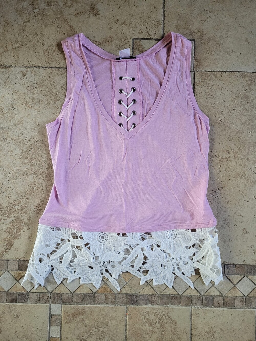 VENUS Lace-Hem V-Neck Tank with Front Lace-Up